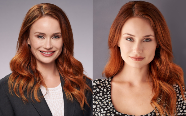 Headshots of a woman in a business suit and casual dress in Los Angeles
