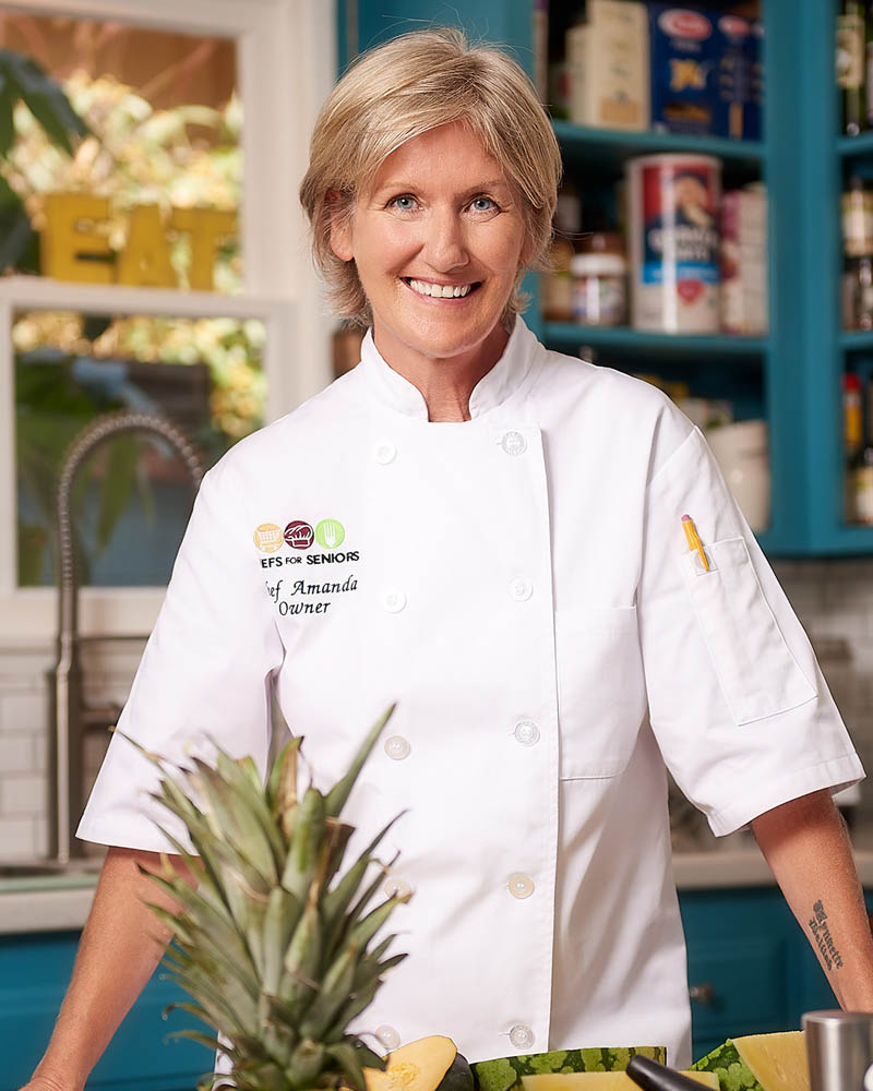 A professional headshot of a chef in her kitchen in Los Angeles.